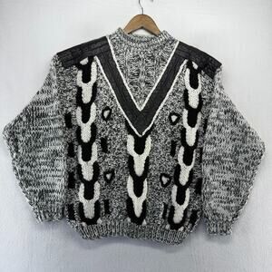 Vintage Street Scenes Sweater Men's medium Gray Black Grandpa Knit Leather 90s